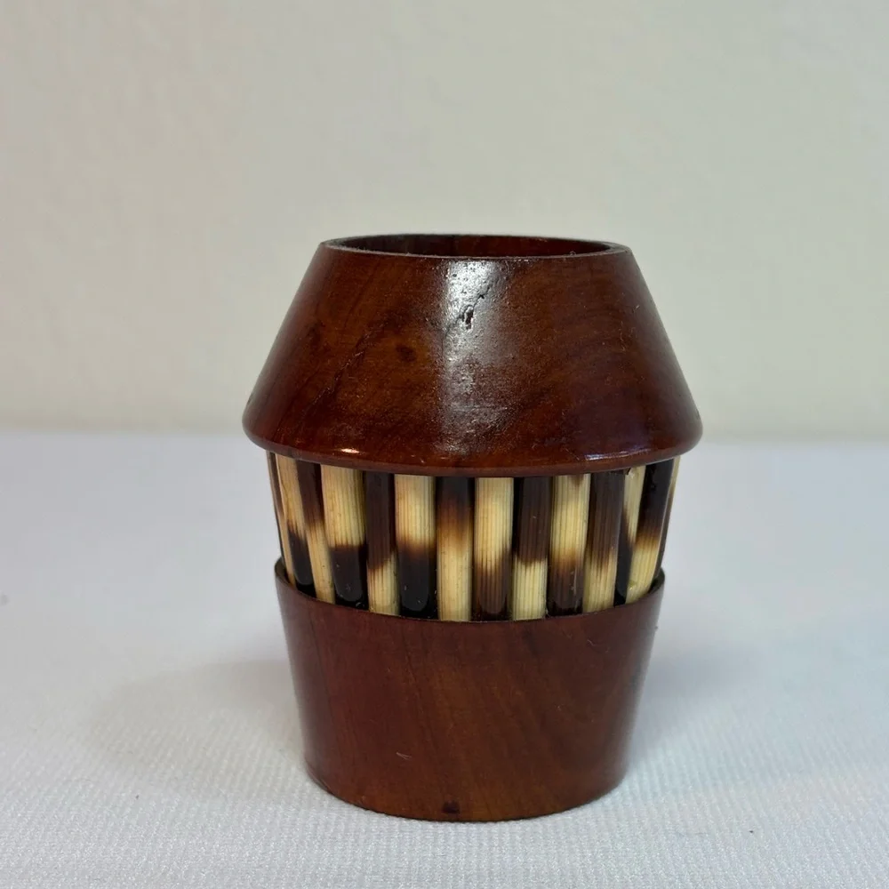Vintage African Olive Wood and Porcupine Quill Salt Pepper Toothpick Set MCM